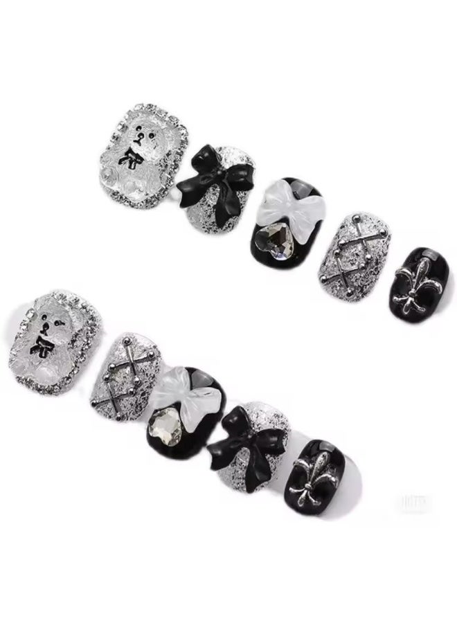 Goolsky Sheer Lace Bear Nail Art Patches Dark Lolita Handmade Wearable Nails Removable Bow Diamond Glitter Sweet Cool Fake Nails - Image 3